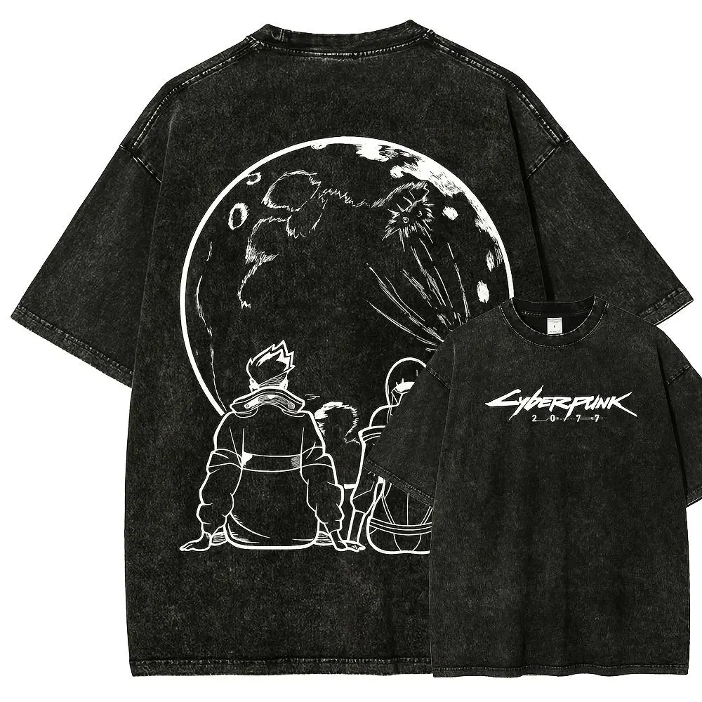 Men's Cyberpunk Graphic T-Shirt, Vintage Distressed Cotton Top, Fitted Round Neck Shortsleeve for Casual Wear, Figure, 3Xl, Graphic Tee