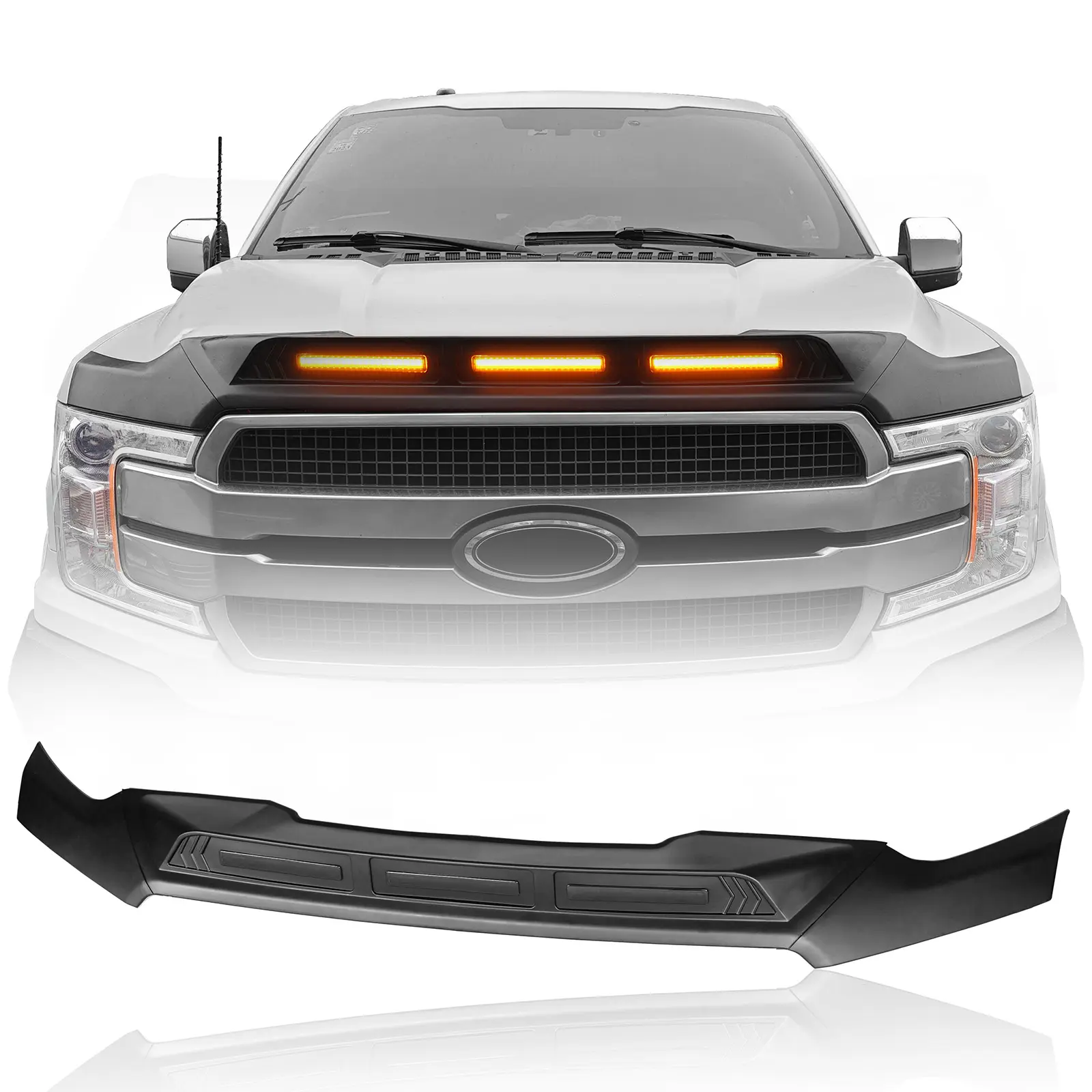 Hooke Road Polypropylene Hood Protector Stone Guard with 3 Amber LED Marker Lights, Car Hood Cover Accessory for 2015-2020 Ford F-150 (Excluding Raptor) Vehicle Accessories