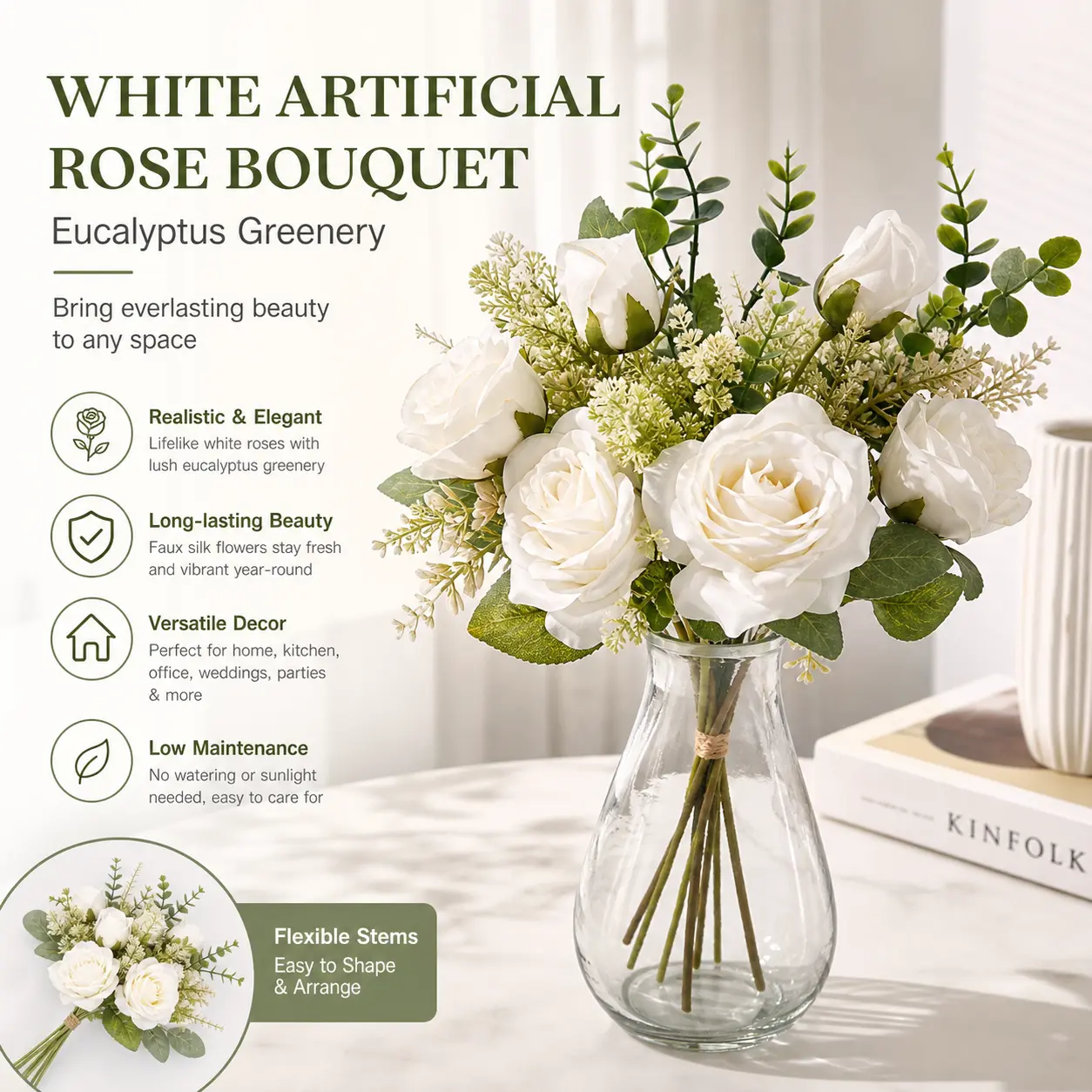 White Artificial Rose Bouquet With Eucalyptus Greenery, Realistic Faux Silk Fake Flower Arrangement, Long-lasting Floral Bundle For Home Kitchen Office Wedding Party Table Decor