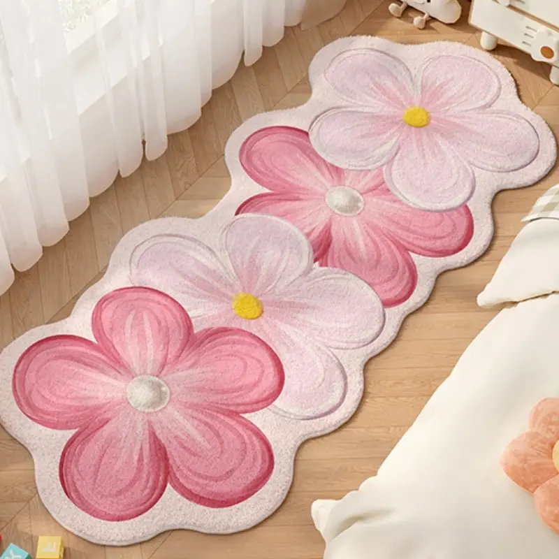 ins cream style flower shape irregular bedside strip carpet pink floral bedroom decoration plush carpet fluffy soft living room washable blue carpet warm cloakroom lounge study non-slip floor mat Floral Area Rug