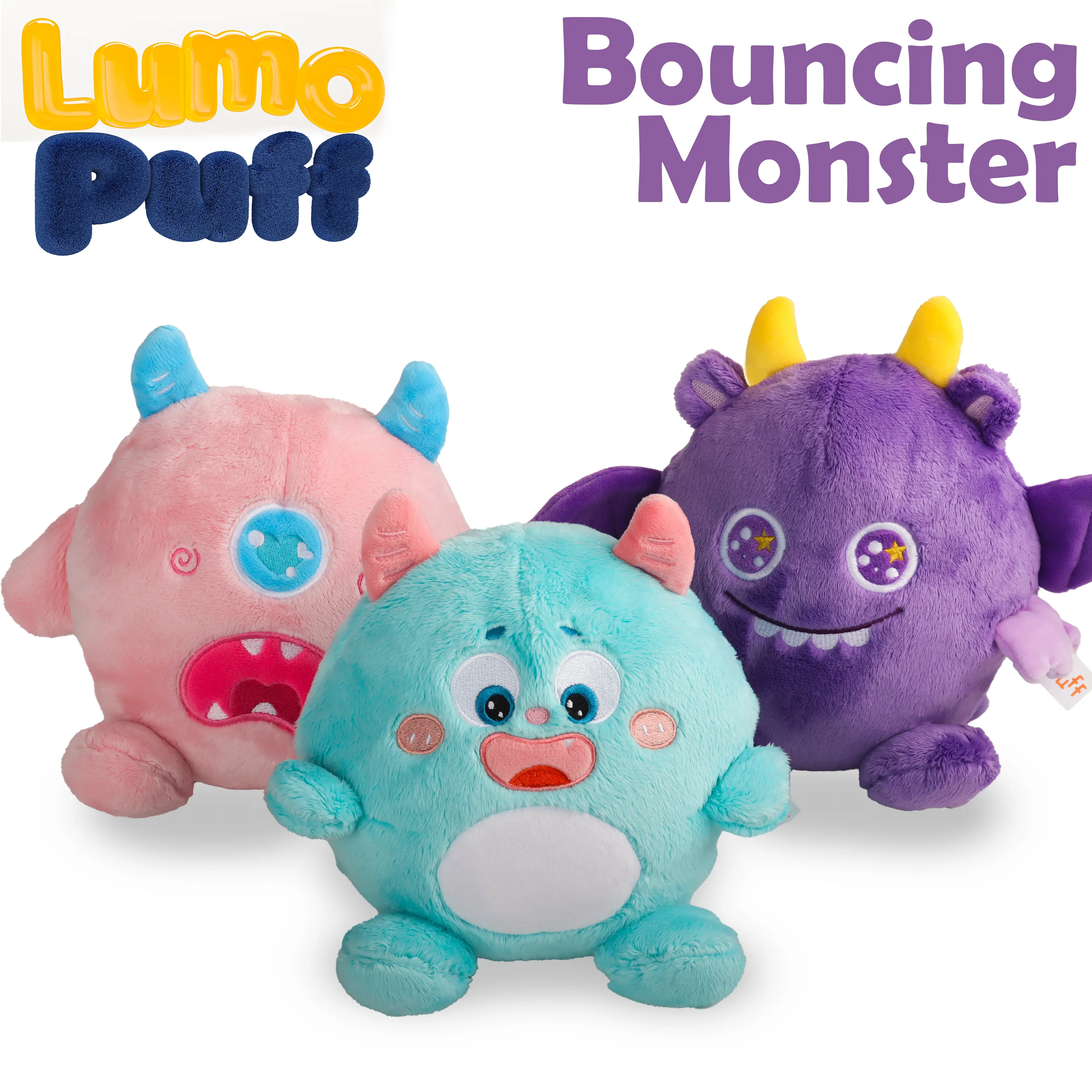 LUMO PUFF Rechargeable Battery Musical Plush Toy - 9.5"x8.5" Soft Fabric Bouncing Monster, 3-4 Years Developmental Toy with Voice Record, Mimic, 48 Built-in Melodies, Inside Out Emotion Reflection - Xmas/Birthday Gift