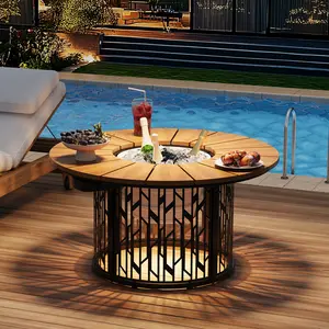 【SummerVibes】ONBRILL Outdoor Solar-Light Coffee Table with 3.3 Gallon Ice Bucket, 31.5 Inch Patio Cooler CoffeeTable with Led Light, HDPS Round Side Table with Metal Base for Outside, Porch, Backyard