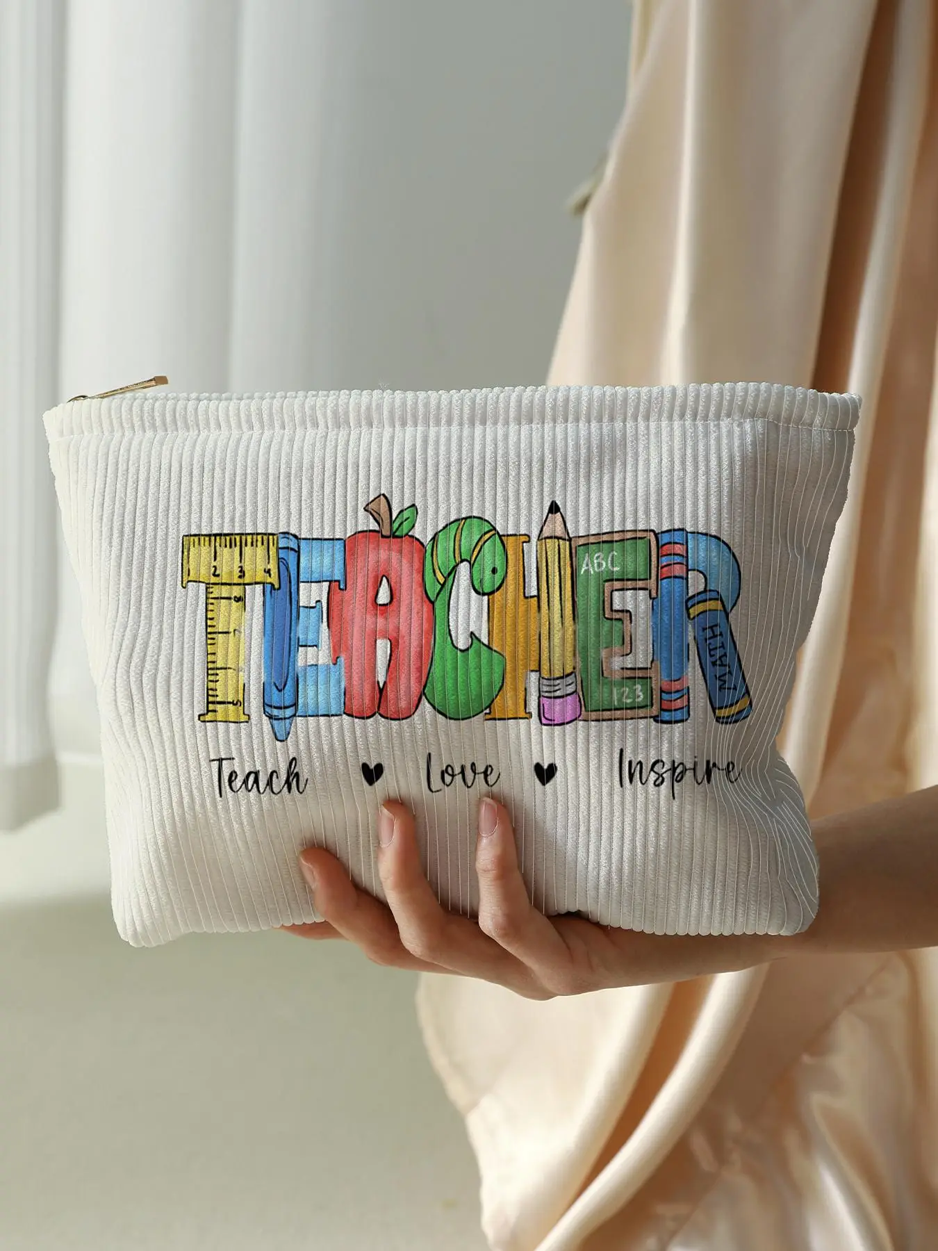 Letter Pattern Corduroy Makeup Bag, Casual Lightweight Multi-functional Zipper Cosmetic Bag, Casual Versatile Pouch for Women & Girls, for Student Tea