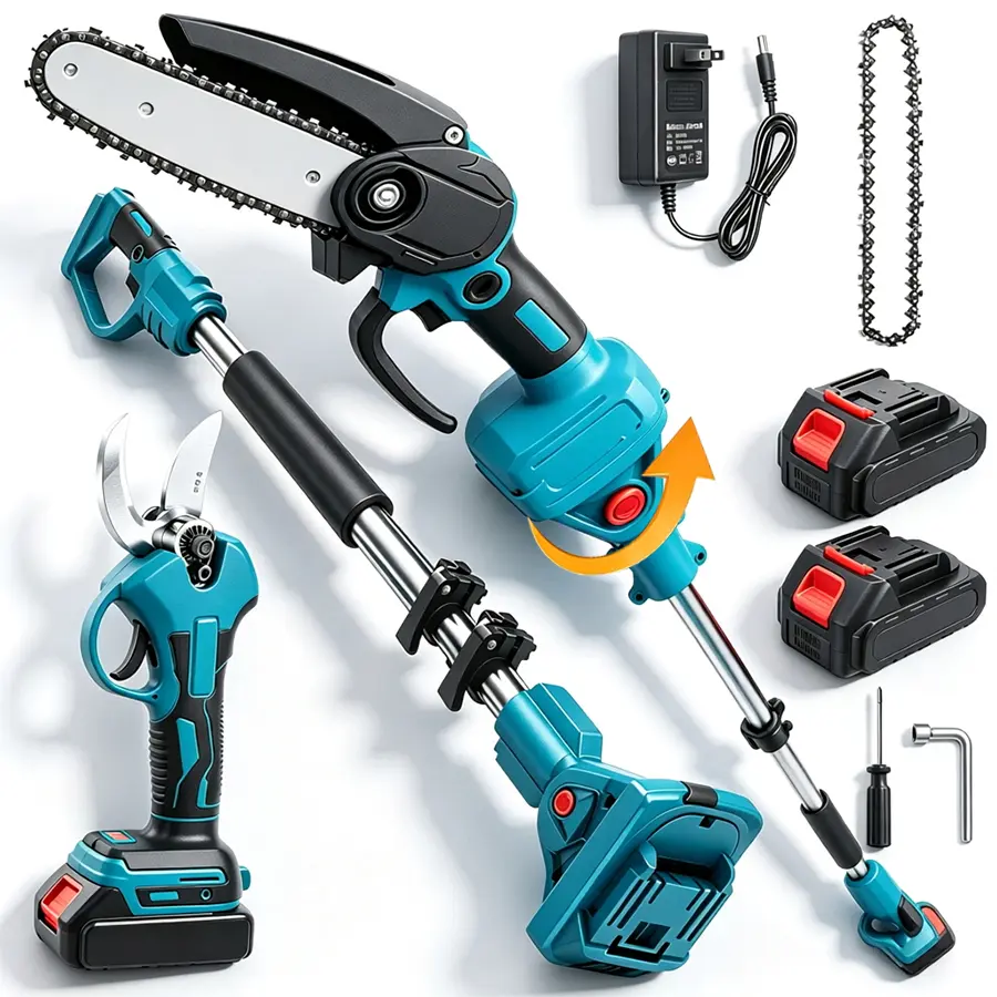 3-in-1 Cordless Pole Saw & Mini Chainsaw Garden Tools Set with 2 Batteries, Extension Pole, Garden Scissors for Tree Trimming, Limb Branch Cutter for Outdoor Use, Father's Day Gift