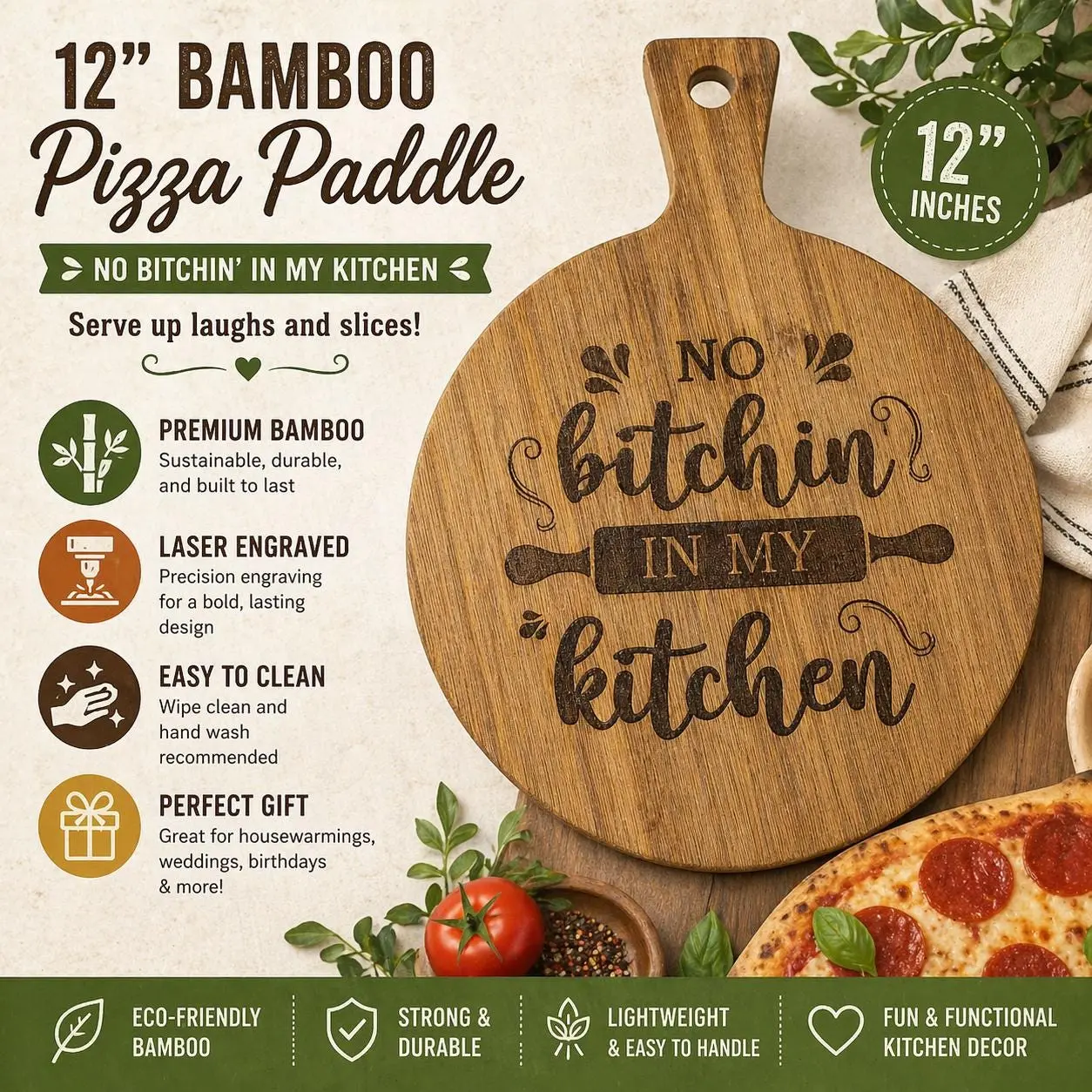 Custom Engraved Bamboo Pizza Paddle | Personalized Kitchen Gift