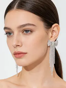1 Pair New Full Diamond Bow Rhinestone Tassel Earrings for Wedding Banquet Elegant Full Diamond Earrings
