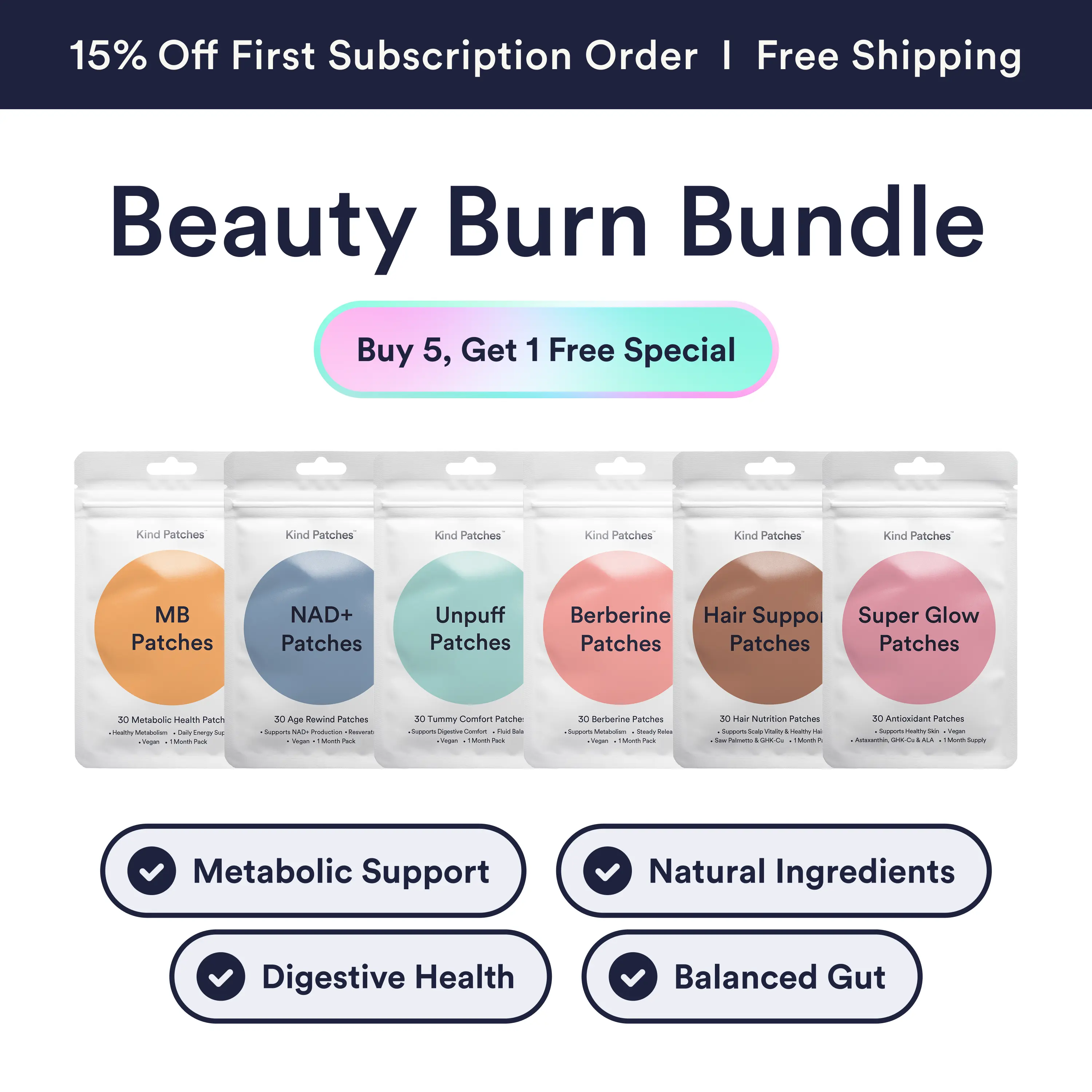 Kind Patches Beauty Burn Bundle: 30 MB + 30 Berberine + 30 Unpuff + 30 Super Glow + 30 Hair Support + 30 NAD+ Pacthes, Metabolic Balance & Digestive Health, Beauty Vitality & NAD+ Production Support, Natural Ingredients