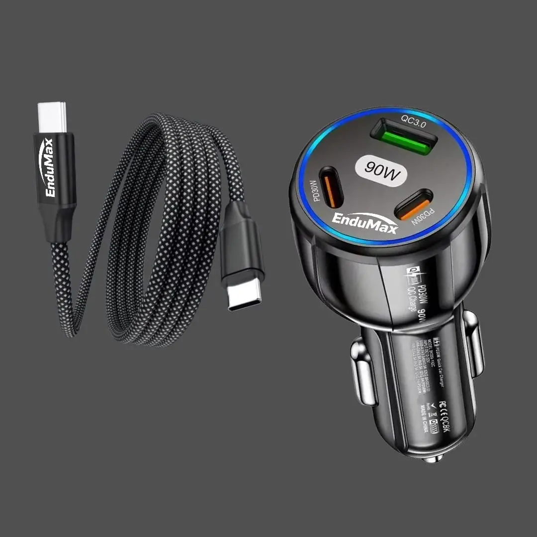 EnduMax 90W Fast Car Charger with Type C Cable 3-Port Adapter Built-in Chip for Device Protection Magnetic Nylon Cable Ultra-Fast PD Technology for Daily Use Compatible with iPhones Android Tablets