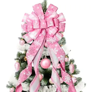 Christmas Tree Topper Christmas Wreath Bow, 52 * 13 inches Large Tree Toppers Bow with Snowflake Patterned for Xmas Tree Décor Christmas Home Indoor Outdoor Decoration Pink