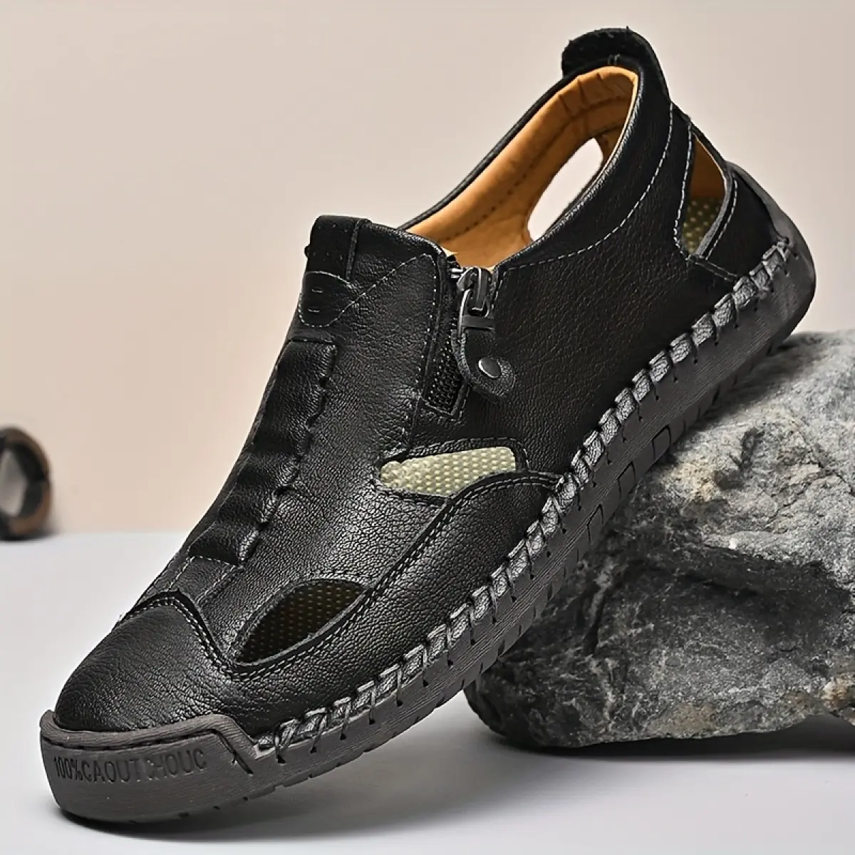 Men's Hand-Sewn Fisherman Sandals, Closed-Toe Woven Slip-On Mules with Side Zipper, Breathable Flat Loafer Shoe for Summer Outdoor Walking & Driving, Walking Shoes, Footwear, Eva Rubber, Hand-Sewn Detail, Leather Upper