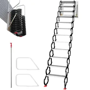【fathersdaygift】VEVOR Attic Steps Pull Down 12 Steps Attic Stairs Alloy Attic Access Ladder, Black Pulldown Attic Stairs, Wall-mounted Folding Stairs for Attic, Retractable Attic Ladder with Armrests, 9.8 feet Height
