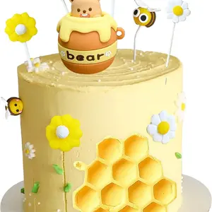 LaVenty Honey Bear Cake Decorations Honey Comb Decorations Bee Cupcake Toppers Abejitas Para Decoracion Daisy Flower Cake Topper for Baby Shower Birthday Bridal Shower