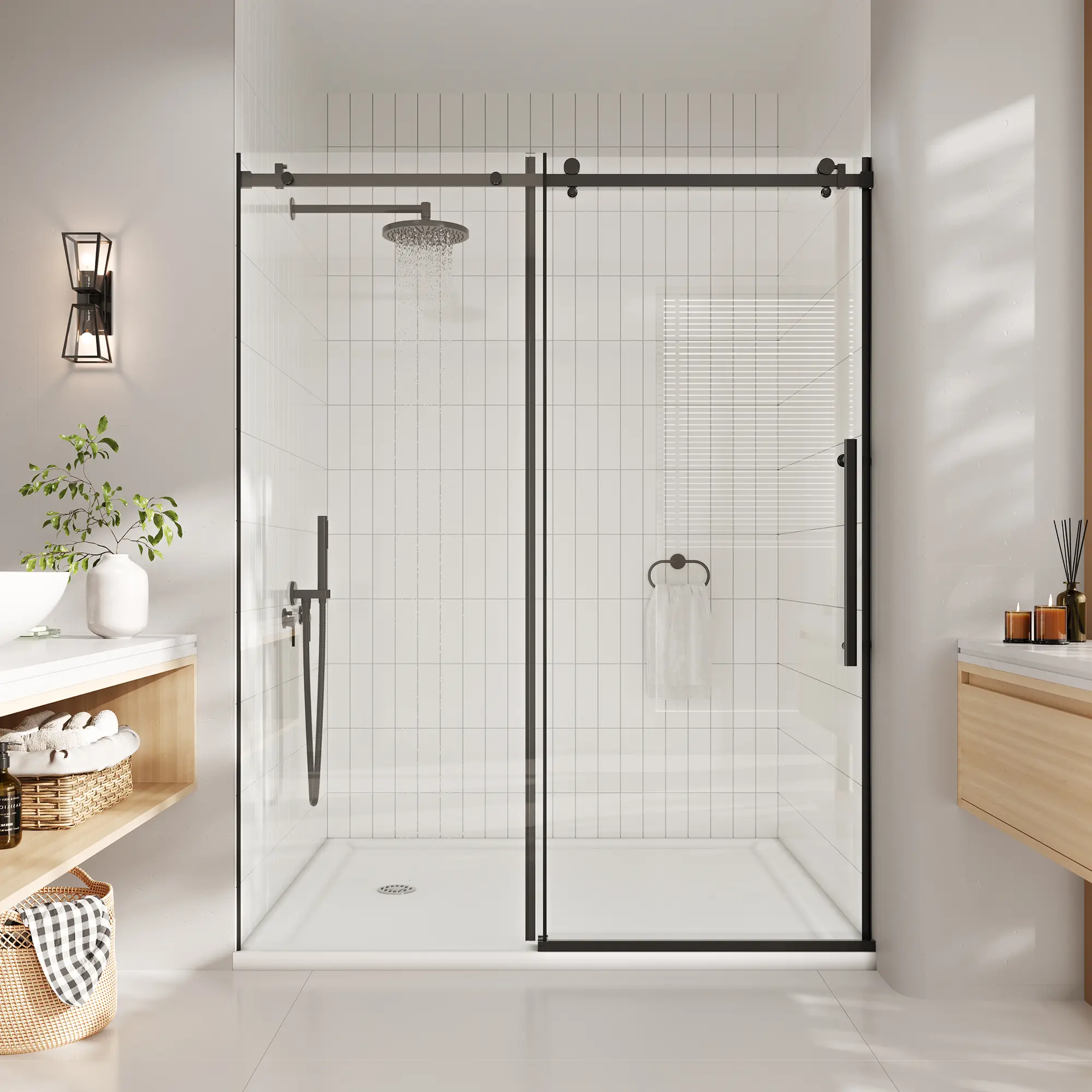 44-48 in. W x 72 in. H Frameless Sliding Glass Shower Door, 5/16" Clear Tempered Glass, Matte Black Frame for Walk-in Shower, Frameless Bypass Design with Smooth & Quiet Operation
