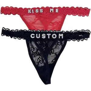 Personalized Thongs with Names Custom Lace Underwear Panties Rhinestone Shiny Letter Name for Women Girlfriend Birthday Valentine's Day Gift Black - Womenswear