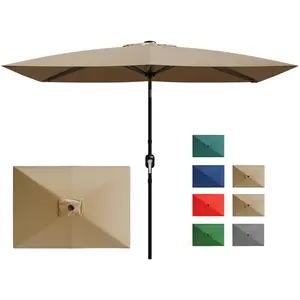 10x6.5ft Rectangular Patio Umbrella with Solar LED Lights – Outdoor Market Table Sun Shade, UV Protection, Crank Lift & Tilt, 6 Sturdy Ribs, for Garden, Deck, Lawn, Pool, Tan/Turquoise