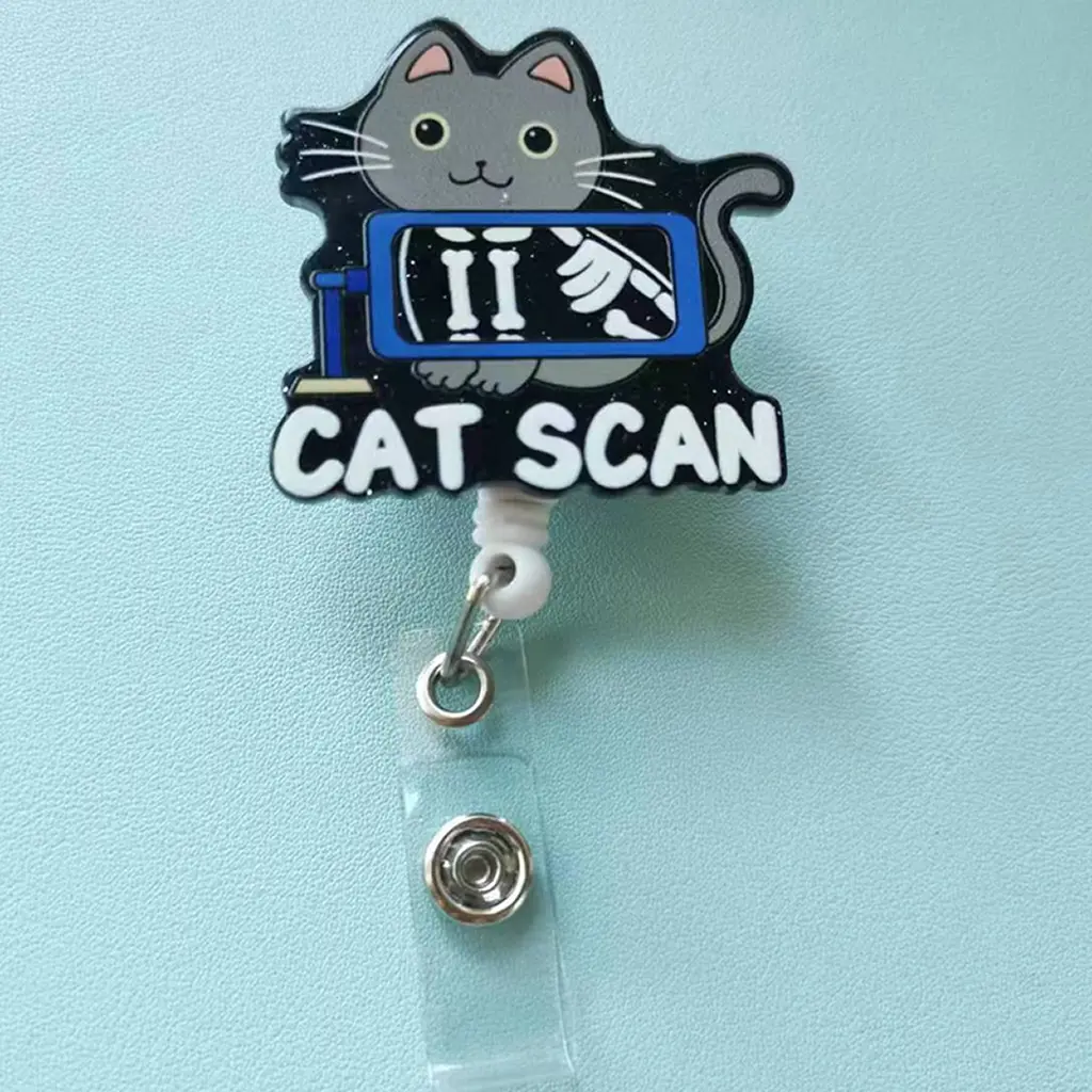 A medical pun-themed badge retractable buckle, the main pattern is a cartoon cat for hanging badges, the style is cute and can convey a positive and encouraging atmosphere, Retractable Badge Holder Badge Reel