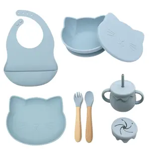 7pcs Baby Silicone Feeding Set, Includes Bowl, Bib, Plate, Cup with Lid, Straw Drinking Cup, Snack Cup, Fork Spoon, Unisex
