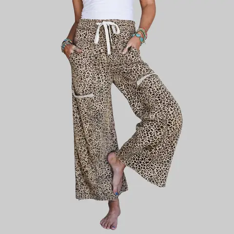 Women's Soft Casual Wide-Leg Animal Print Terry Knit Pants - Comfortable Loungewear with Drawstring Waist, Pockets, Flattering Fit for Everyday Wear, Back to School Shopping