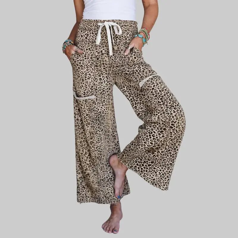 Women's Soft Casual Wide-Leg Animal Print Terry Knit Pants - Comfortable Loungewear with Drawstring Waist, Pockets, Flattering Fit for Everyday Wear, Back to School Shopping
