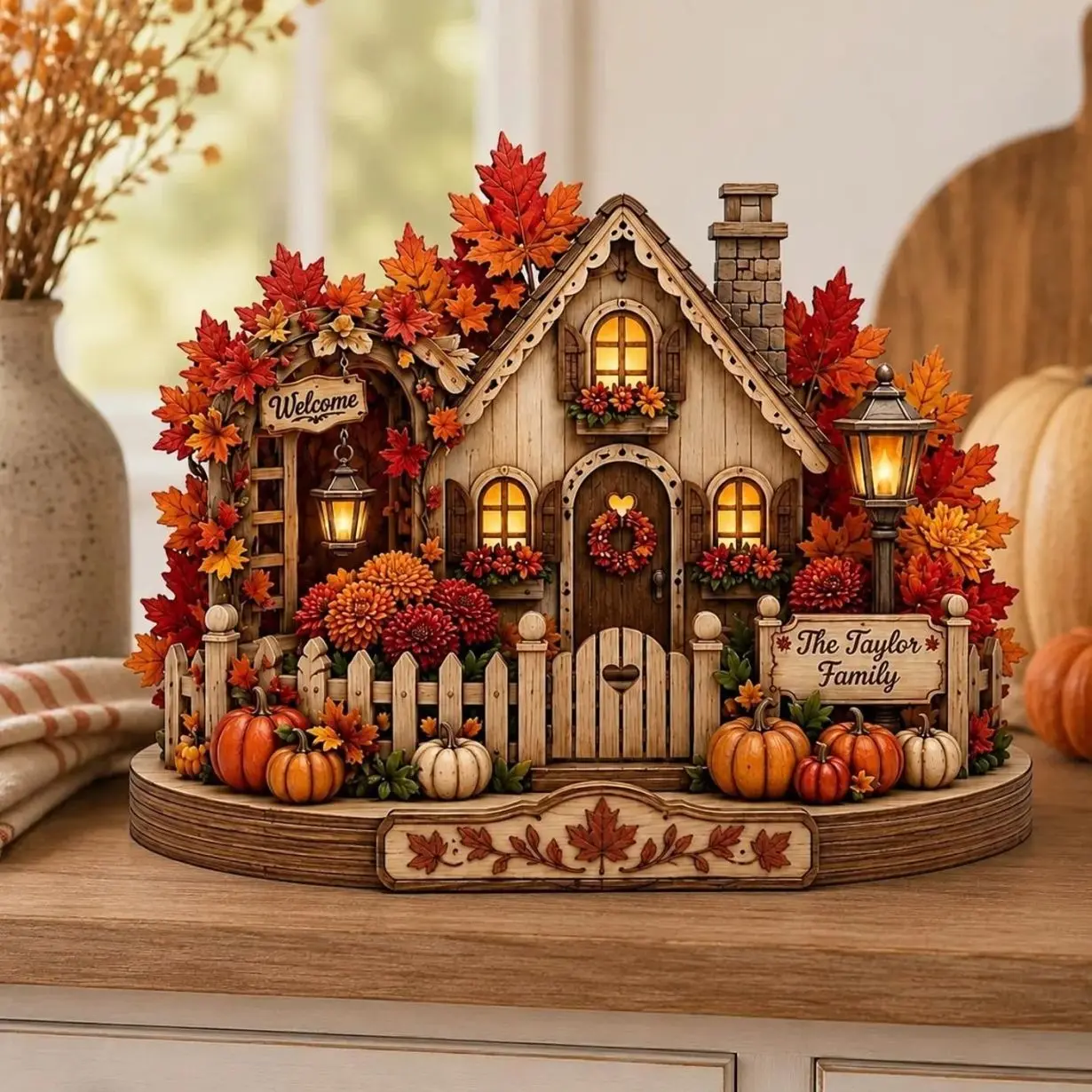 Personalized Harvest Home Wooden Block, Autumn Village Fall Pumpkin Decor, Thanksgiving Gift, 2D Flat