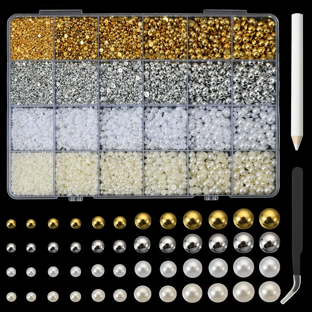 1 Box Half Round Flat Back Pearl Beads Kit, Nail Art Supplies and Charms, DIY Jewelry, Phone and Shoe Embellishment, Gold Silver White Beige