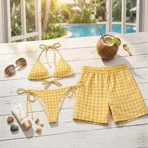 [Hot Summer 2026] - Couple Yellow Gingham Check Bikini Set and Hawaiian Shorts, Sweet Picnic Style Matching Beach Outfit
