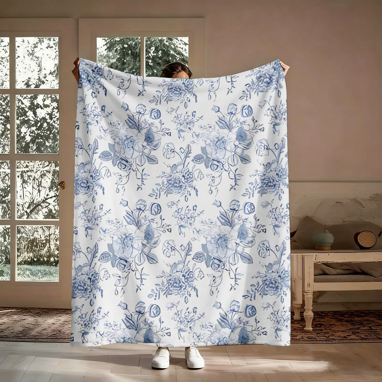 French Vintage Rose Flannel Throw Blanket, 1 Hand-Drawn Blue-White Floral Soft Comfy Throw, Cottagecore Aesthetic Decor, Cozy Nap Blanket for Home Office, Gift for Her, Elegant Wall Hanging, Throw Blankets