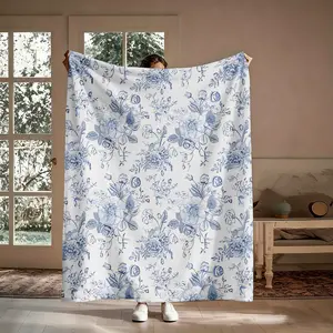 French Vintage Rose Flannel Throw Blanket, 1 Hand-Drawn Blue-White Floral Soft Comfy Throw, Cottagecore Aesthetic Decor, Cozy Nap Blanket for Home Office, Gift for Her, Elegant Wall Hanging, Throw Blankets