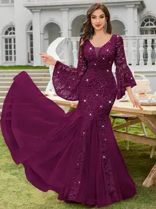 MIUSOL 24351A Women's Deep Vneck Sequin Lace Mesh Tulle Hem Long Sleeve  Formal Evening Maxi Dress for Cocktail Parties & Banquets, Party, Festival Womenswear