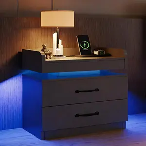 LED NightStand Set Of 2, Modern Night Stands With 2 Drawers, Bedside Tables And End Side Tables For Bedroom, Black/ White/ Grey