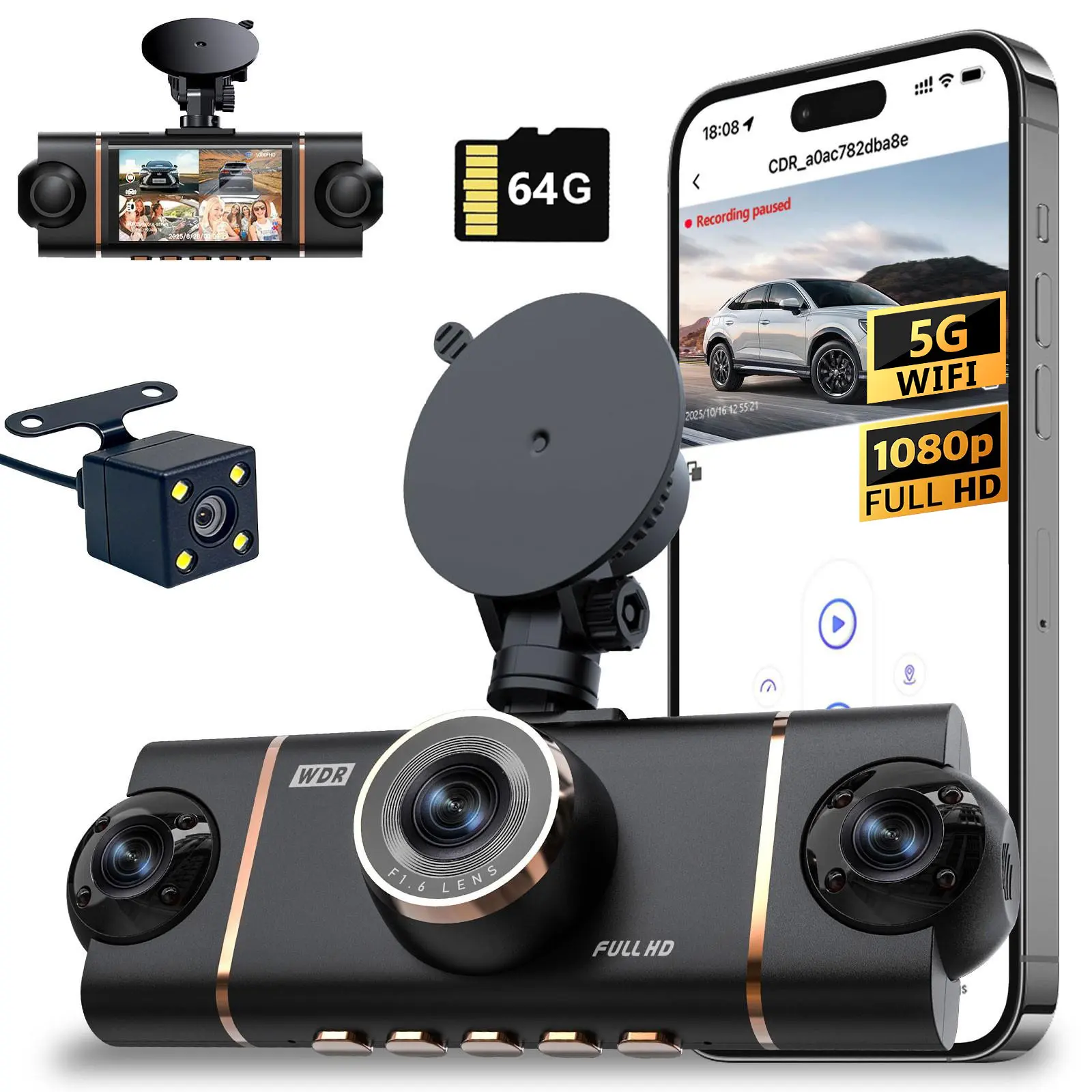 4-Channel Automotive Driving Recorder 1080P HD, Car Camera, 360° Rotatable Four Lens, WiFi, Night Vision, Loop Recording, G Sensor, 32GB Card, 3-Inch Screen