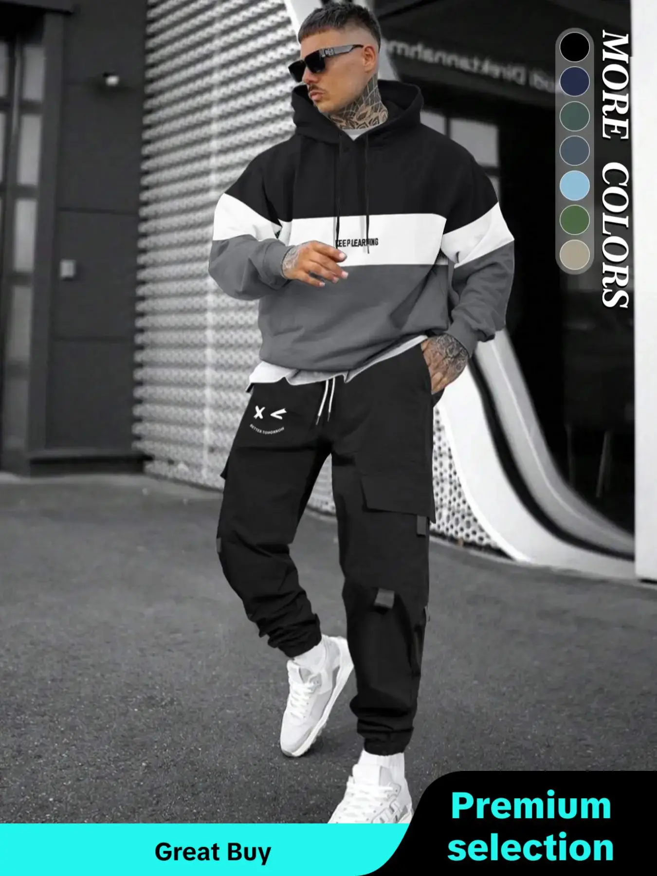 Two-piece Set Men's Colorblock Drop Shoulder Long Sleeve Hoodie & Drawstring Waist Cargo Pants Set, Casual Hooded Sweatshirt & Pocket Pants for Daily