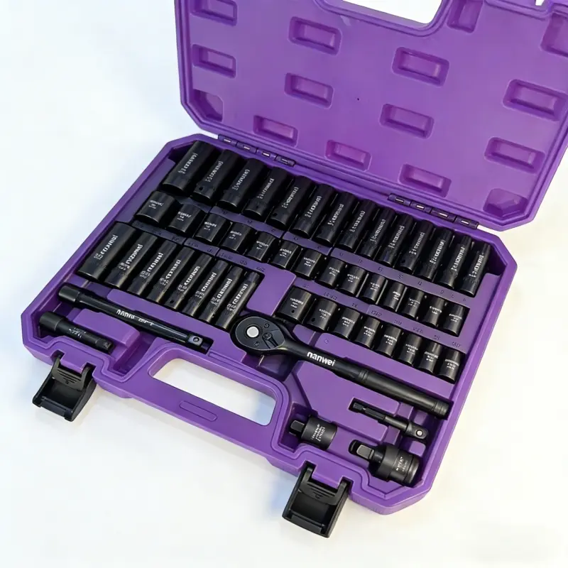 50pcs 3/8 Inch Drive Impact Socket Set, Chrome Vanadium Steel Metal Sockets, 6-Point Metric (8-22mm) & SAE (5/16-3/4 Inch), W/ Adapter Ratchet Handle & Storage Box, For Professional Maintenance Personnel, Ideal for Daily Use