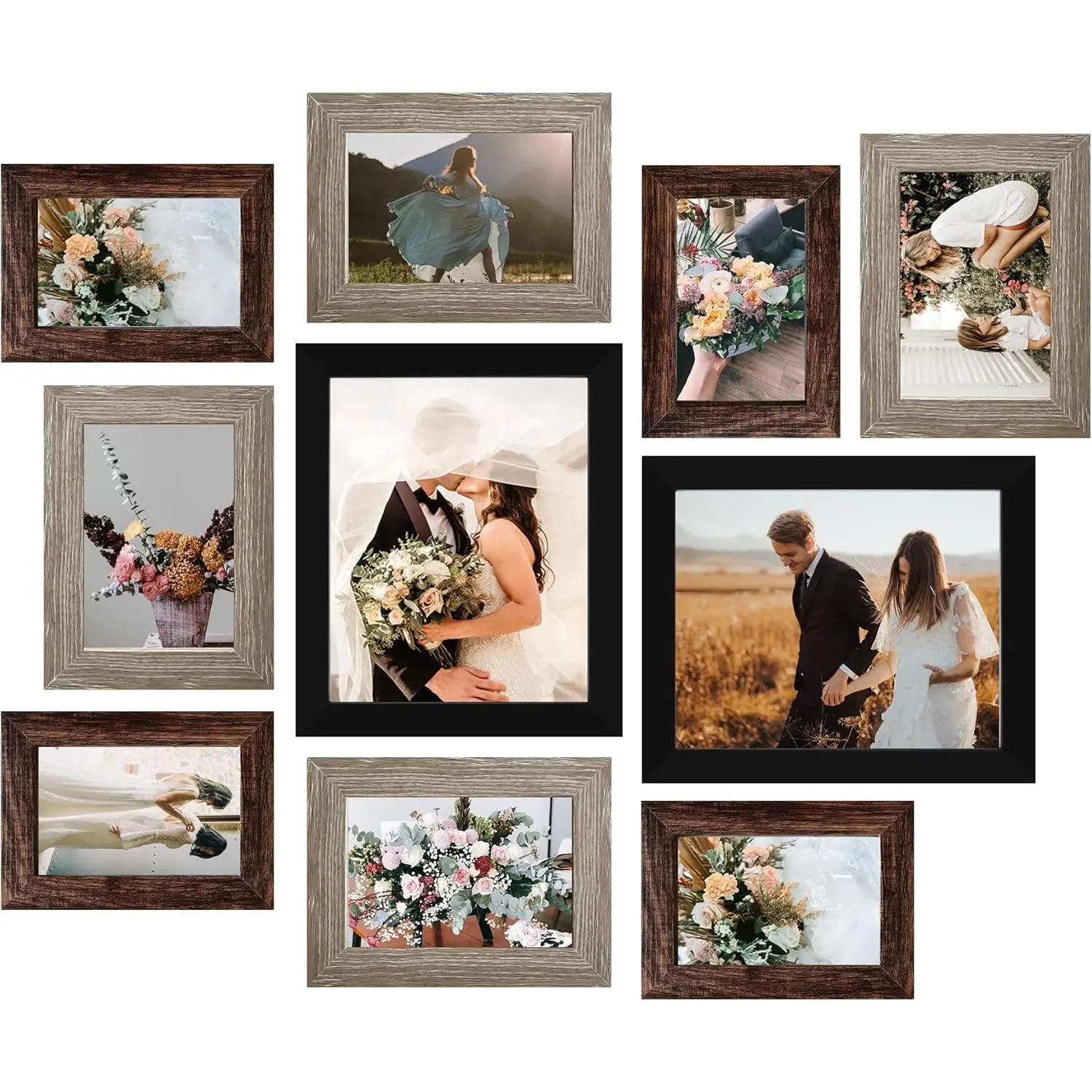 Classic Wood MDF Board Photo Frame Collage Set (10-Pack) - Home Decor Items for Room, Gallery Wall Kit with 8x10, 5x7, 4x6 Sizes & 3 Finishes for Nostalgic Photos, Lifestyle Photography
