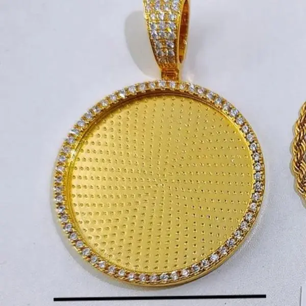 45mm Custom Round Picture Pendant with Gold Plated Finish and Cubic Zirconia Border for Personalized Jewelry