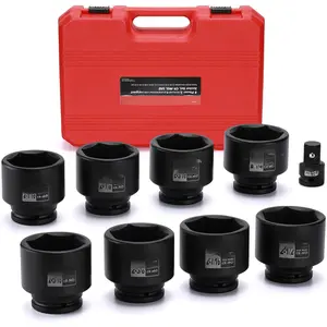 9 count 3/4" Drive Spindle Axle Nut Impact Socket Set, Include 1/2" to 3/4" Adapter, 6 Point, CR-MO, 2-1/16" to 2-1/2", Large Socket Set, Heavy Duty Use In Removing And Installing Axle Nuts