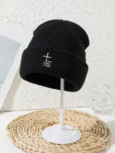 Knit Hat Beanie Fitted with Cross Pattern and Text, Casual Winter Wear, Fitted Style, Plain Design, Perfect for Fall & Winter