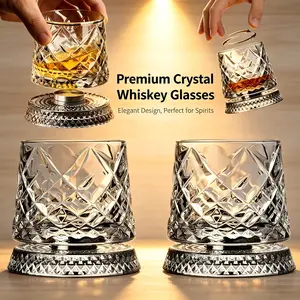 360° Rotating Whiskey Glass Set, Crystal Whiskey Glasses, Thick Base Design, Lead-Free Premium Glass, Ideal for Bourbon & Scotch, Unique Gift for Men