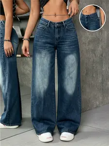 Mid-low Rise Baggy Jeans Wide Leg for Women Distressed Pants Womenswear Bottom Lady Basic Minimalist Comfortable Denim Tummy Control Curve Hugging Regular Size BBL Spring Fashion Daily Outfits WH45