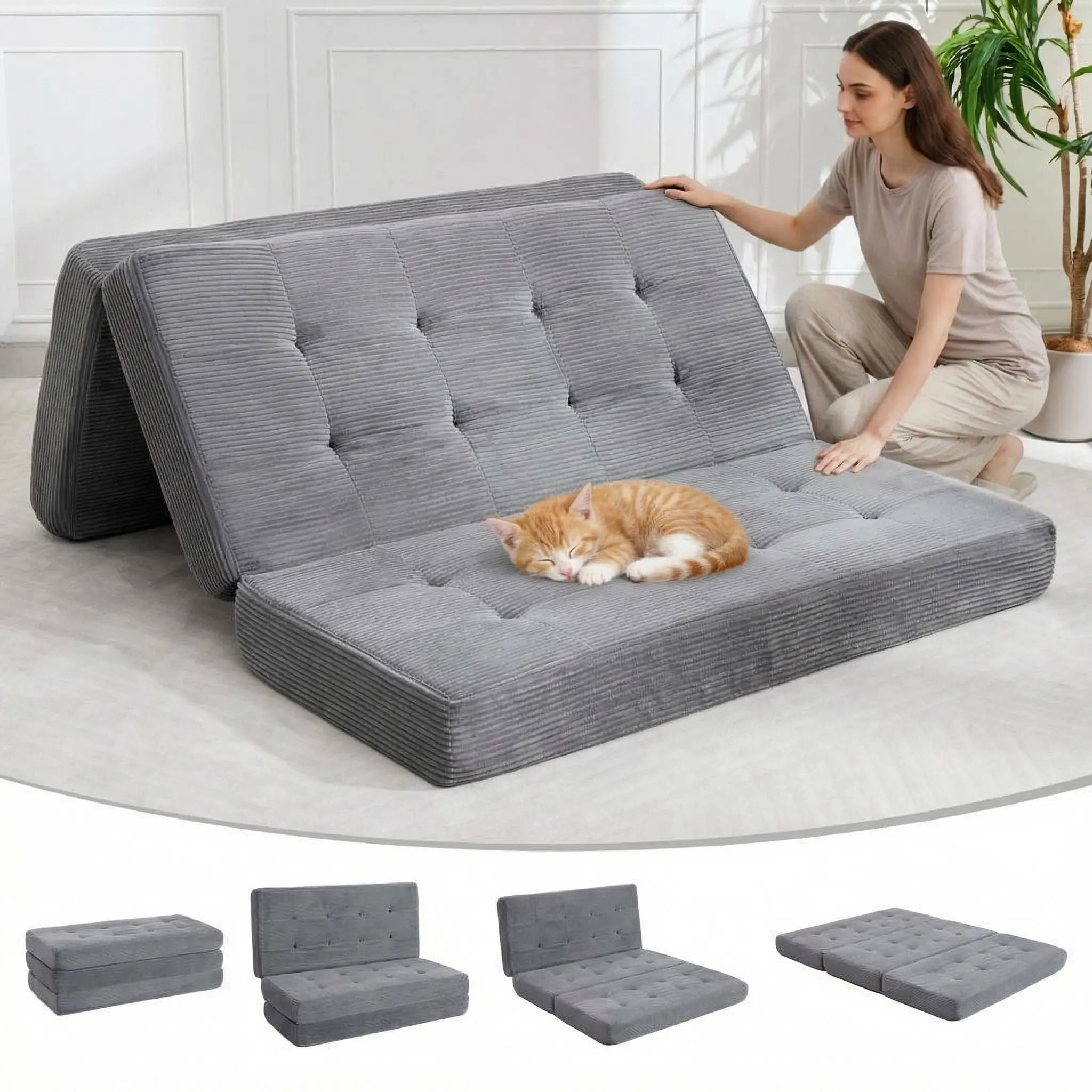 Garvee 6-Inch Tri-Fold Mattress with High-Density Foam Tufted Design Foldable Floor Sofa Bed for Camping Dorm Living Room Soft Corduroy Fabric 75" x 39" Grey Black Green