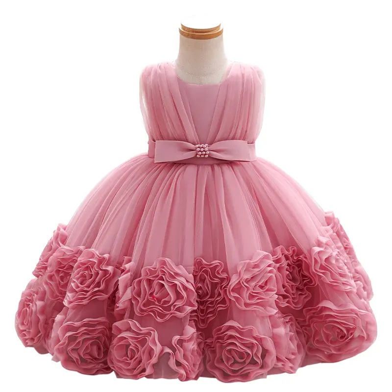 Girls Pink 3D Rose Princess Dress Puffy Tulle Party Flower Girl Dress first birthday Girls Pink 3D Rose Princess Dress Puffy Tulle Party Flower Girl Dress first birthday