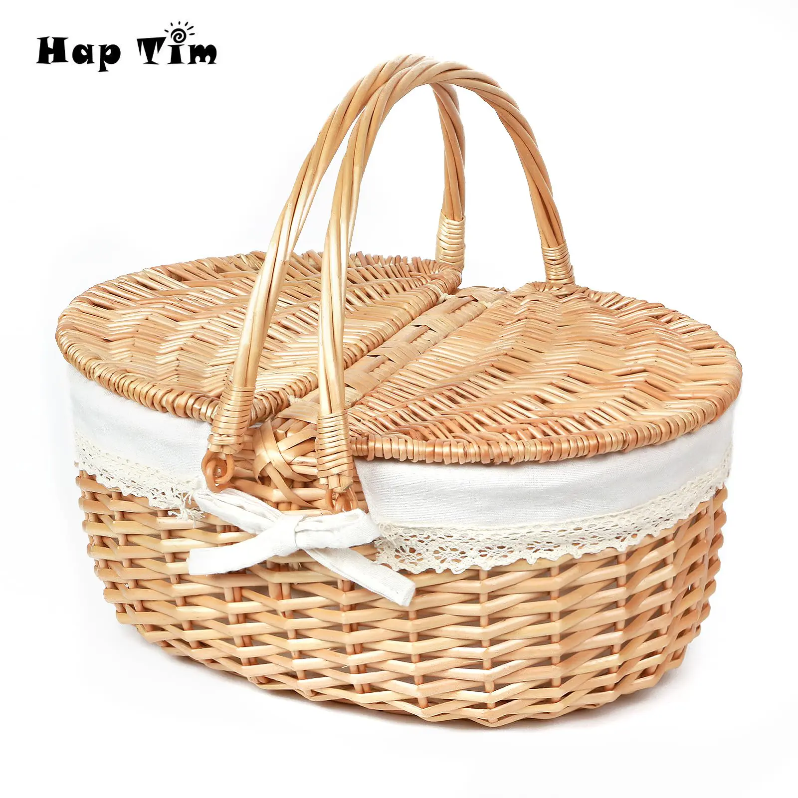 Hap Tim Wicker Picnic Basket for 2 with Lid, Woven Cute Basket with Handle, Storage Basket with Washable Lining & Dual-Flid Lid, Natural Willow Picnic Hamper Unique Gifts Ideas for Couple, Engagement, Wedding Gifts #Summervibes summerwins
