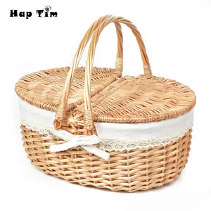 Hap Tim Wicker Picnic Basket for 2 with Lid, Woven Cute Basket with Handle, Storage Basket with Washable Lining & Dual-Flid Lid, Natural Willow Picnic Hamper Unique Gifts Ideas for Couple, Engagement, Wedding