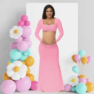 Maternity Dress For Photoshoot Square Neck Cut Out Long Sleeve Photography Gown Pregnancy Baby Shower Dress