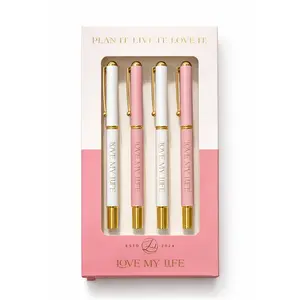 Signature Pen Set - Monogrammed Love My Life Logo, Set of Four Roller Ball Pens, Smooth Ink Flow, 0.7 mm Writing Width, Branded Box