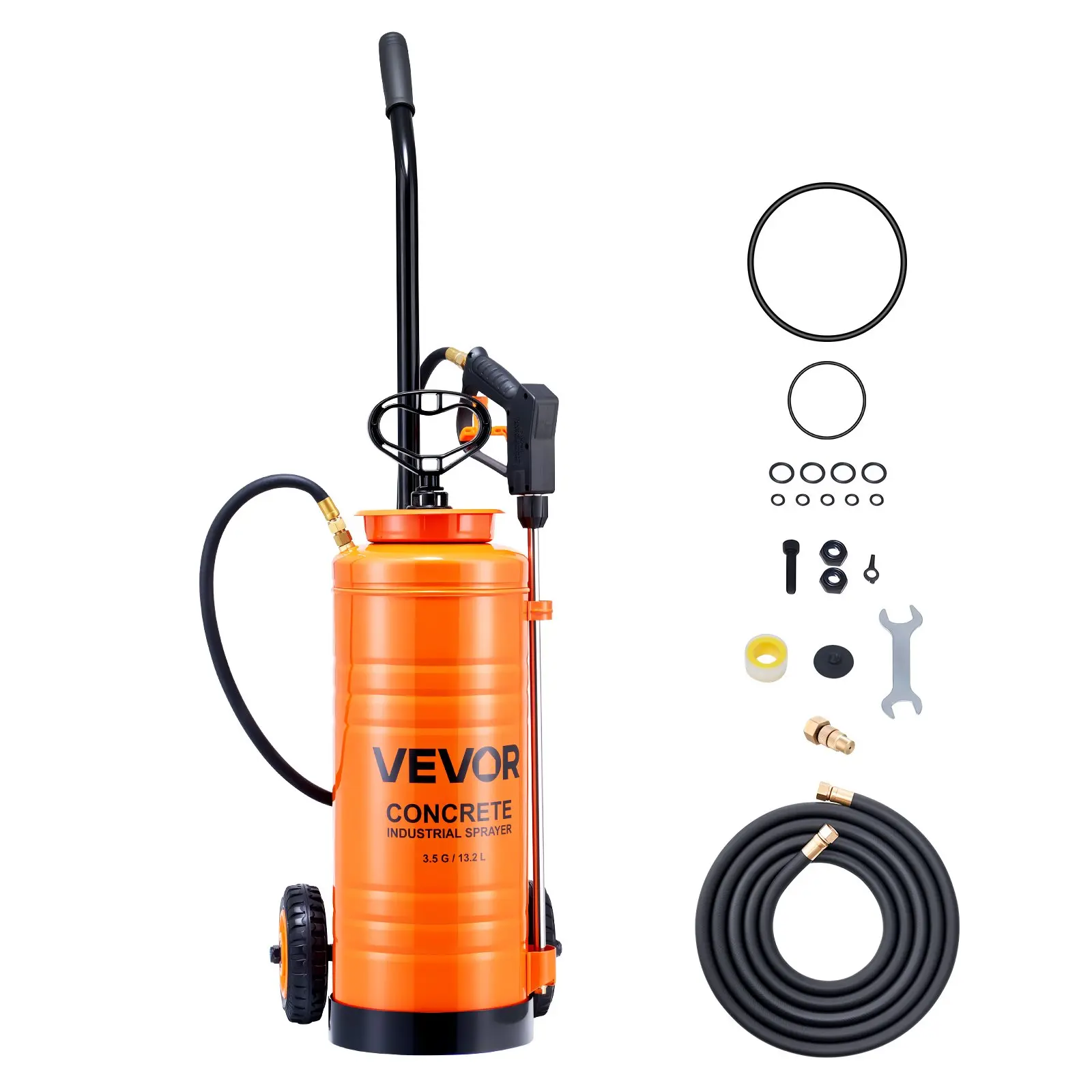 【Summerfinds】VEVOR Industrial Concrete Sprayer with Wheeled Cart, 3.5 Gallon Stainless Steel Sprayer, Heavy Duty Tri-Poxy Pump Sprayers, 20.5"Wand, 48" & 120"Hoses, 2 Brass Nozzles for Construction, Lawn & Garden