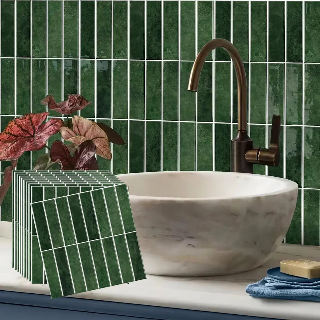 3D Peel-and-Stick Dark Green Marble Mosaic Tile - Removable, Waterproof, Oil-Proof Self-Adhesive Backsplash Wallpaper for Rental Apartment Kitchen Decor, Damage-Free Retro Cabinet & Wall Covering for Easy DIY Home Renovation, Temporary Wallpaper, Vinyl Wa