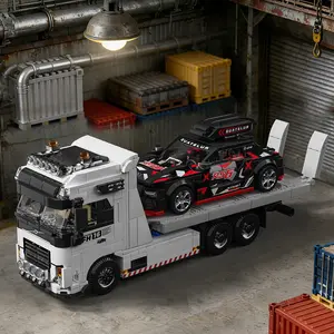 Travel Car Tow Truck Building Block Set, Driveable Vehicle Series Flatbed Tractor Trailer, Creative Model Desktop Toy, DIY Assembly Gift, Building Blocks Model