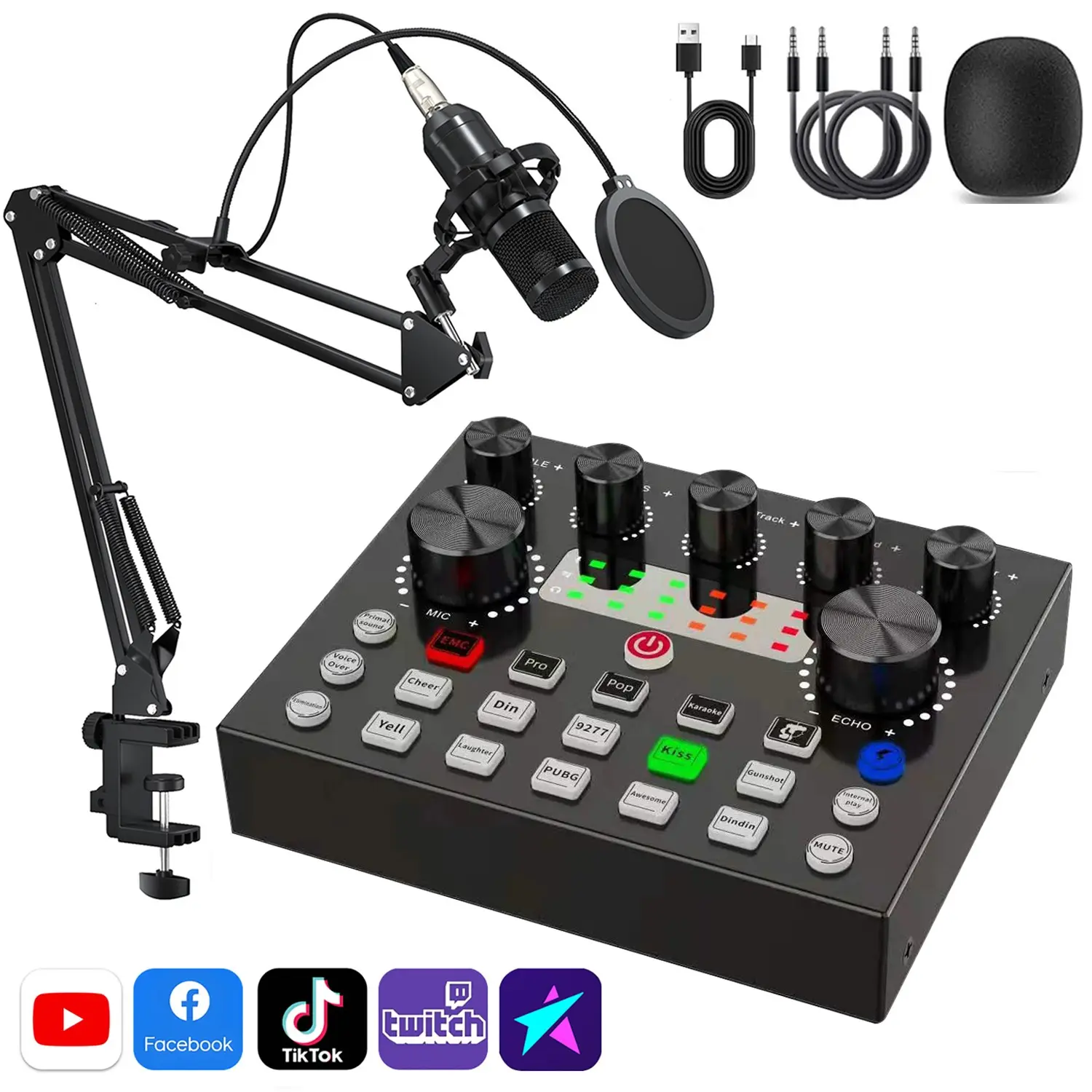 V8S external sound card set, Sound card package, audio interface DJ mixer with BM-800 condenser microphone set, used as professional podcast equipment for live streaming, recording, singing, YouTube, TikTok content creation
