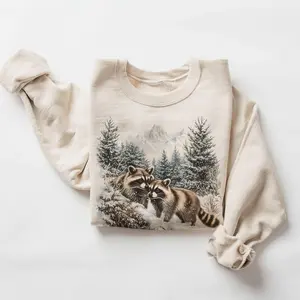 Retro Raccoons Snowy Forest Winter Scene Sweatshirt - Nineties 90s Vintage Cute Animals Cotton Pullover